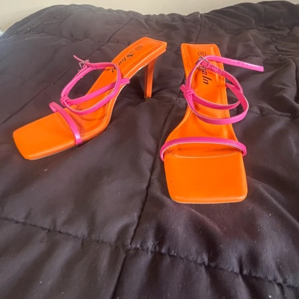 SHEIN Neon Orange Square-Toe Stilettos with Hot Pink Straps